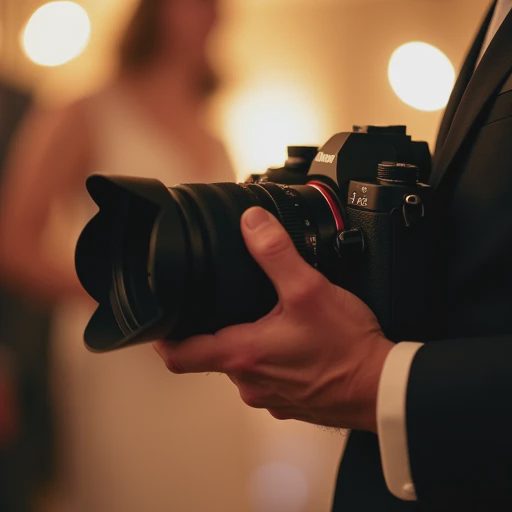 Close-up of a photographer's tired hand gripping a professional camera body during a low-light evening event.