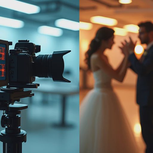 A split-screen image for an article, contrasting a technical test environment with a real-world wedding photo. 