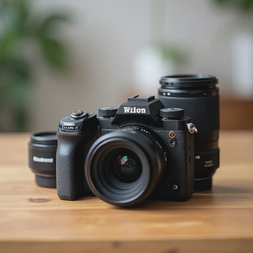 Flat lay of an affordable APS-C mirrorless camera body, a zoom lens, and a prime lens on a wooden table.
