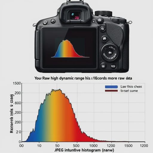 An infographic comparing histograms. The left side shows a wide, flat histogram representing the broad dynamic range of a Raw file, while the right shows a peaked JPEG histogram.