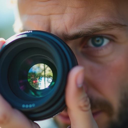 Close-up of a camera lens being carefully inspected for glass and coating condition.