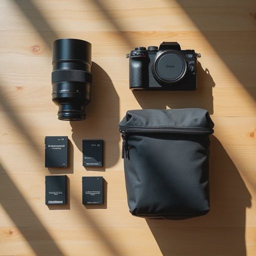 A minimalist flat lay of a compact camera, single prime lens, and a small shoulder bag on a wooden table.