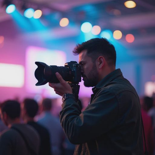 A photographer holding a professional zoom lens on a camera body at a live event.