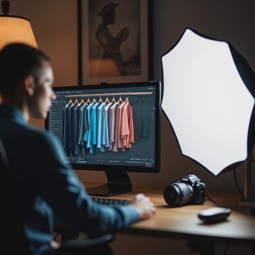 A camera tethered to a laptop displaying fashion shots in a controlled studio lighting setup.