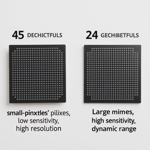 The left side of the image shows a macro-enlarged, high-pixel-density camera sensor surface (e.g., 45 megapixels), while the right side shows a sensor of identical physical dimensions but lower pixel density (e.g., 24 megapixels).