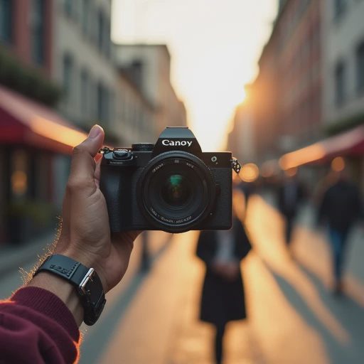 A street photographer casually shooting with a compact mirrorless camera in soft daytime light.