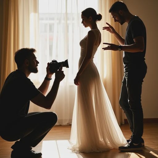 A dynamic shot capturing the photographer shooting while an assistant holds a reflector to catch the directional late afternoon window light on the model.