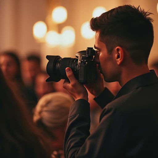 A camera autofocus frame struggling slightly on a busy event subject in low light.