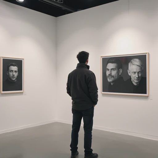 A visitor thoughtfully observing a black-and-white photography print in a quiet gallery.
