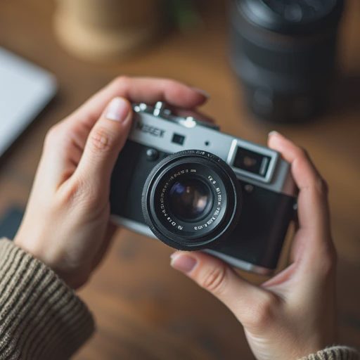 A photographer’s hands comfortably holding a compact, lightweight older camera, with a softly blurred background in warm, natural light.