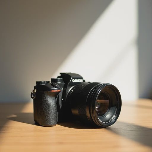 A minimalist flat lay of a single camera and a prime lens on a wooden table.