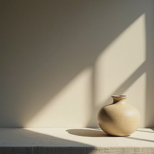 A soft side-light illuminates a ceramic vase on a table, illustrating the observation of light direction, shadow falloff, and highlights.