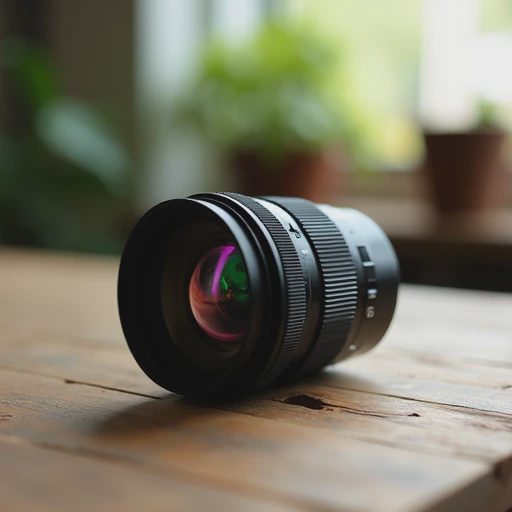 A sleek prime camera lens with a wide maximum aperture sitting on a wooden table.