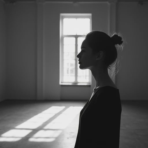 A moody portrait lit softly by side window light, showing gentle gradients and deep shadows.