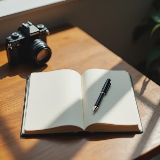 Minimalist still life of a camera and a notebook bathed in natural window light on a wooden desk.