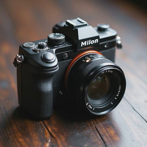 A professional camera body with normal signs of exterior wear resting on a dark wooden table.