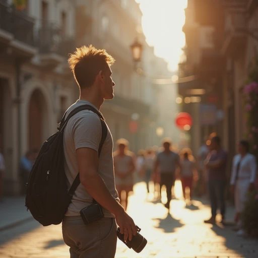 A photographer carrying a lightweight compact camera while observing a sunny town street.