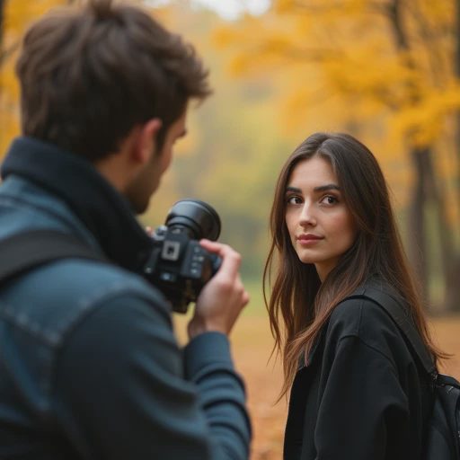 A focused photographer holds a camera (model blurred) and guides a model posing under soft natural light.