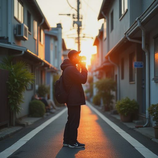 A street photographer observing carefully in a quiet, narrow Tokyo residential lane.
