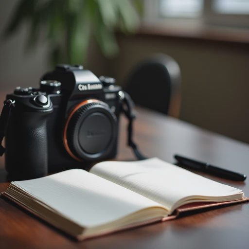 A professional camera resting on a dark wooden table with soft natural side light.