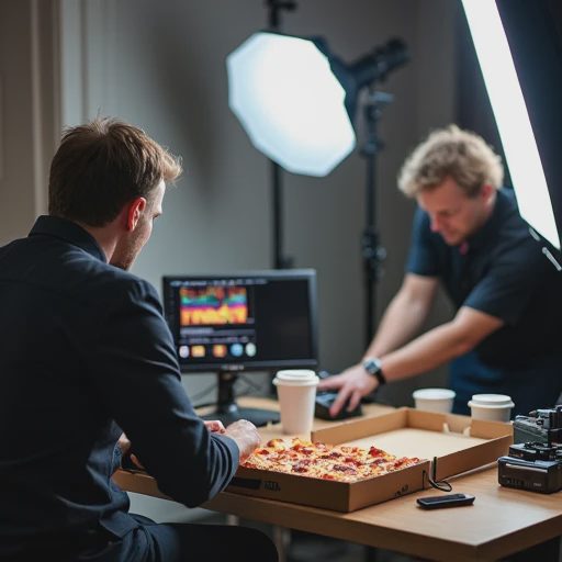 A behind-the-scenes documentary photo showing a cluttered commercial set with the photographer and assistant working, contrasting with the polished final result.