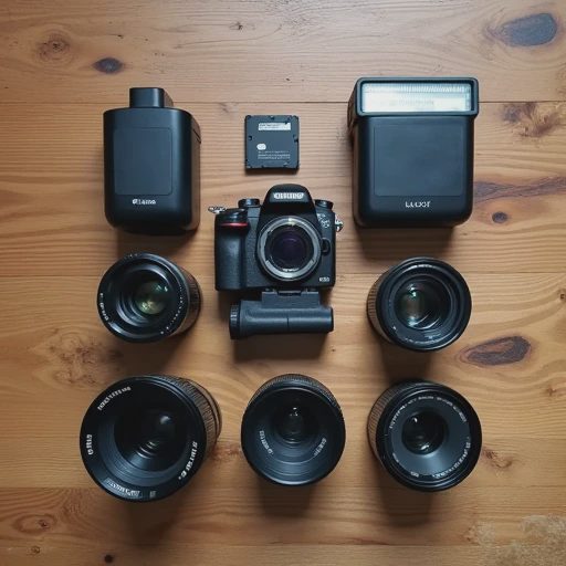 Minimalist flat lay of a professional mirrorless camera, three lenses, and spare batteries on a wooden table.