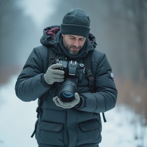 A photographer carrying a heavy, large professional full-frame DSLR camera outdoors, capturing a sense of fatigue and friction.