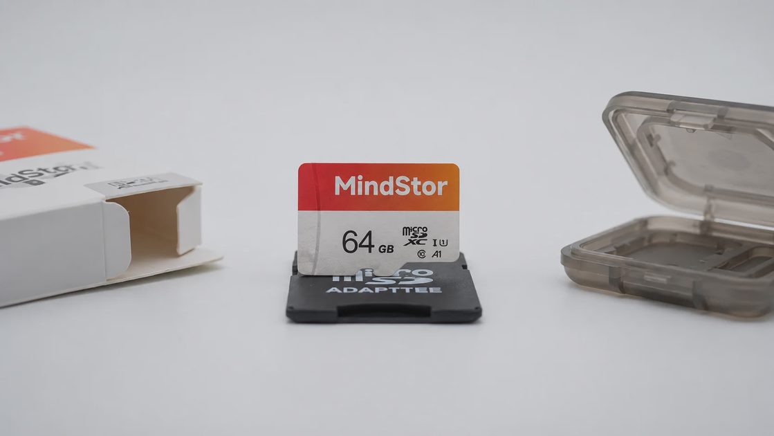A MindStor 64GB MicroSDXC card rests on its SD adapter, accompanied by an open storage case and product box.