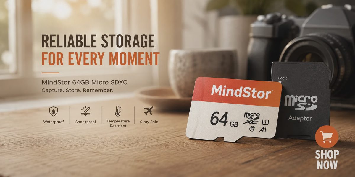 A promotional banner displaying MindStor 64GB MicroSDXC card with SD adapter on a wooden table alongside a camera.