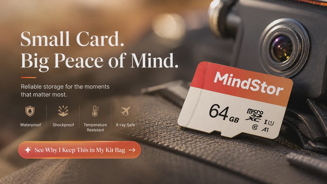 A promotional image for a MindStor 64GB MicroSDXC card, featuring product details and a camera lens in the background.