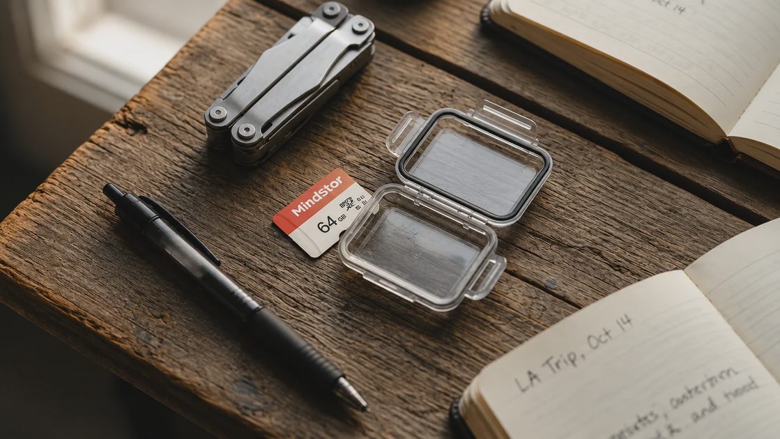 An overhead flat lay shot of a MindStor 64GB MicroSDXC card on a weathered wooden table with a multi-tool and open notebook.