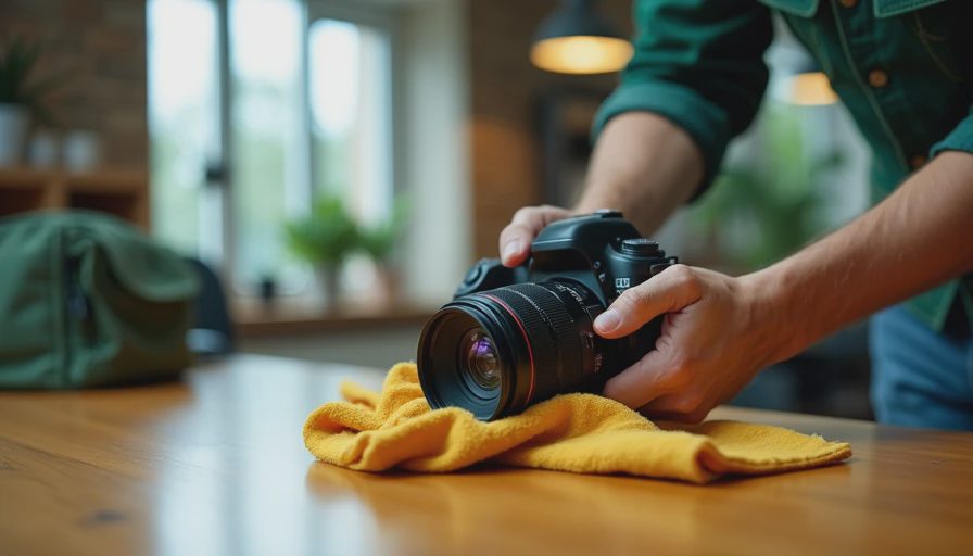 Illustration for clean camera lens with microfiber cloth