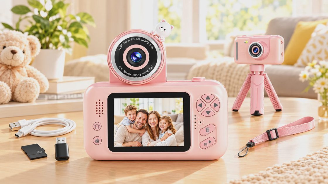 A pink kids digital camera with a flip-up lens, display screen showing a family portrait, a USB cable, a memory card, and accessories on a wooden table.