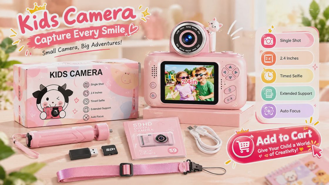 A pink kids digital camera shown alongside its packaging box, pink selfie stick, manual, USB cable, memory card, and feature highlights on a wooden surface.