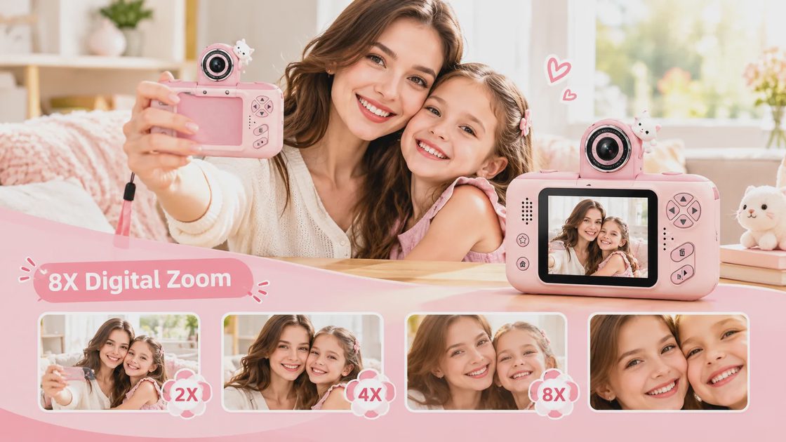A smiling mother and daughter taking a selfie with a pink kids camera, demonstrating the 8X digital zoom feature with inset comparison photos.