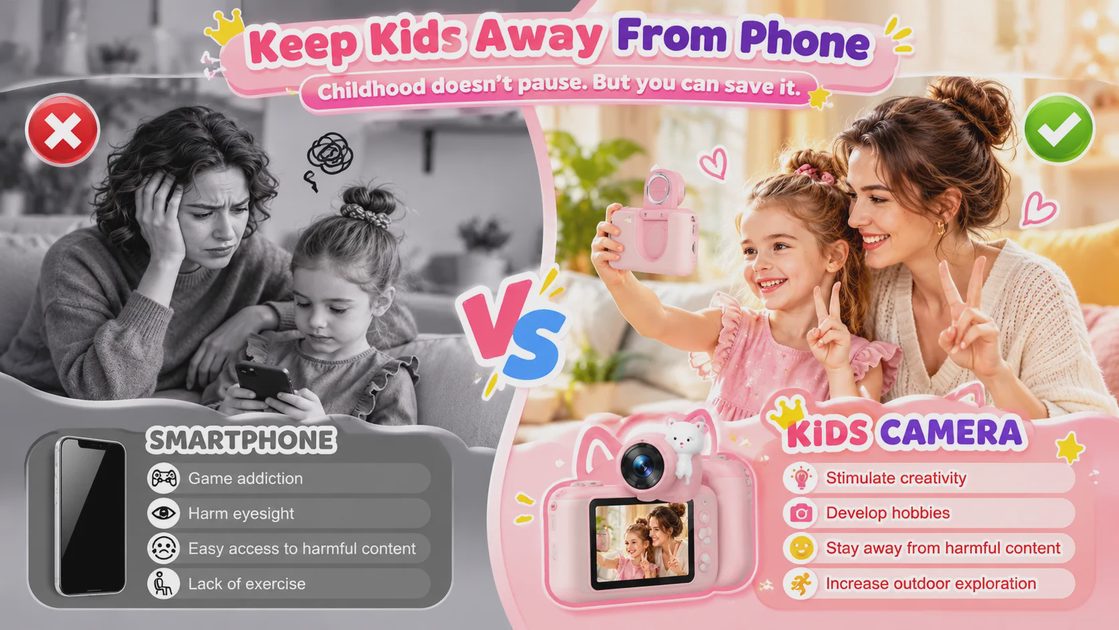 A comparison illustration contrasting smartphone use, showing negative impacts like game addiction, with a kids camera encouraging creativity, hobbies, and outdoor exploration.
