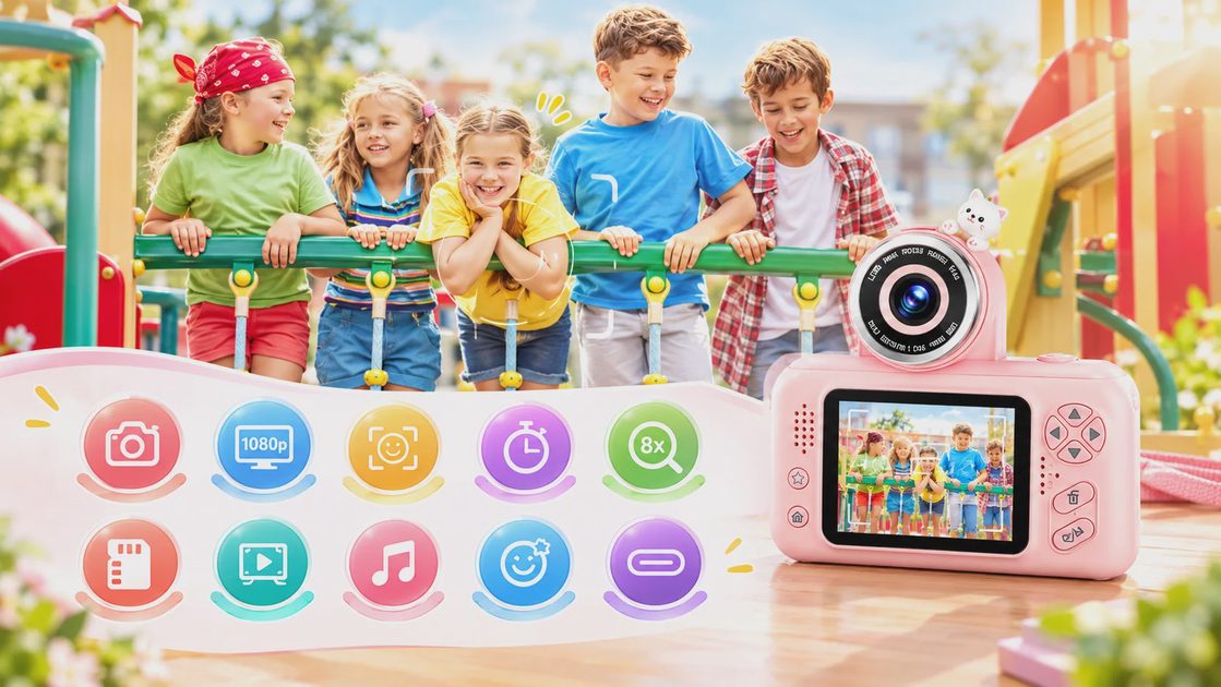 A pink kids digital camera displayed alongside colorful children playing on playground equipment, with digital function icons overlaid below.